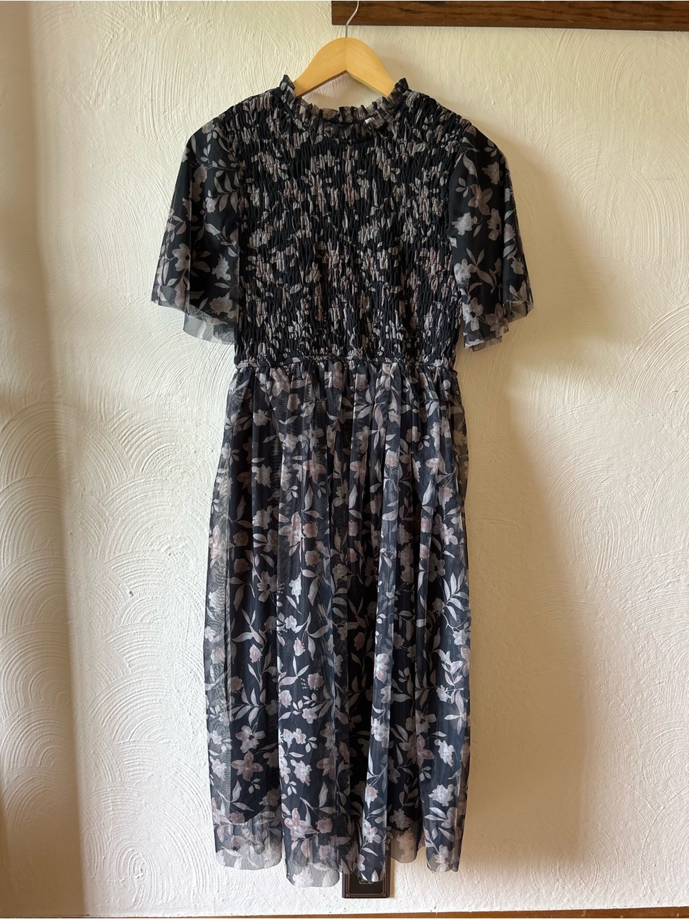 orange creek Black and Gray Floral Smocked Midi Dress